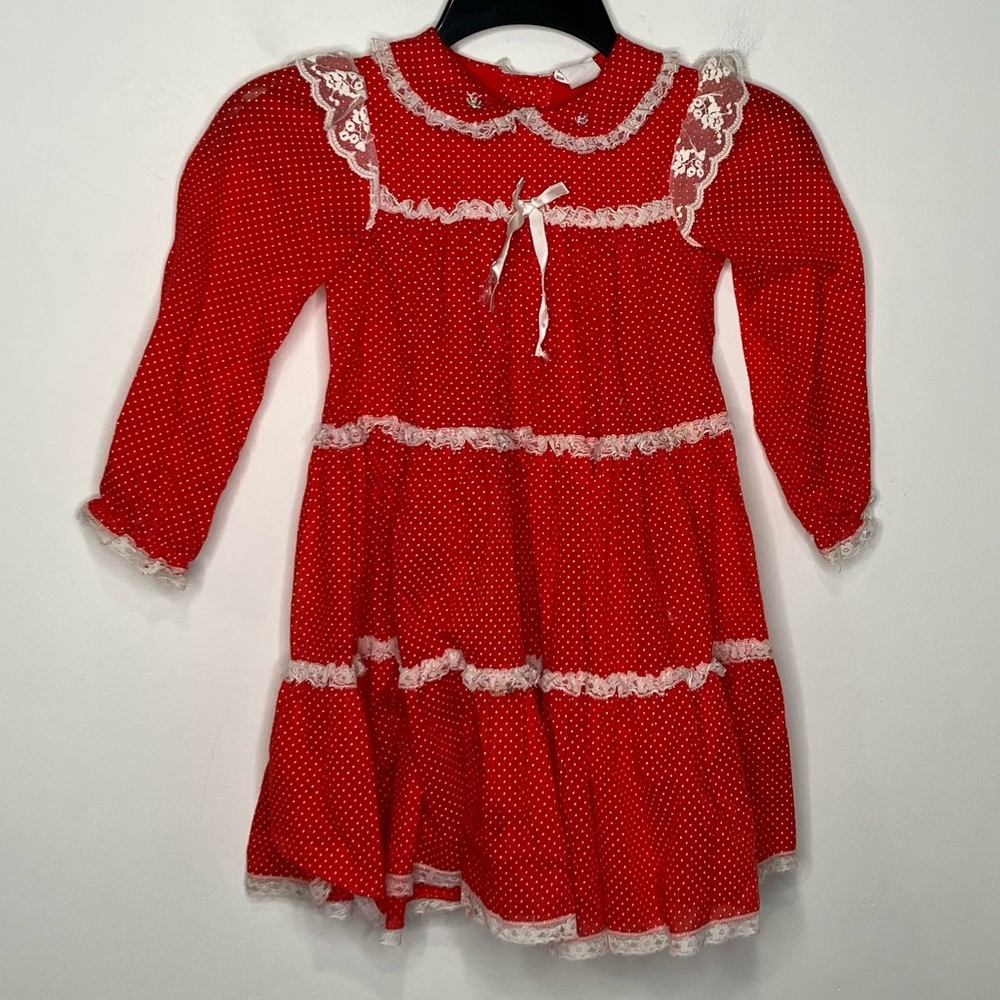 Vintage Bryan red with white polka dots teired dress kids size 5 made in the USA